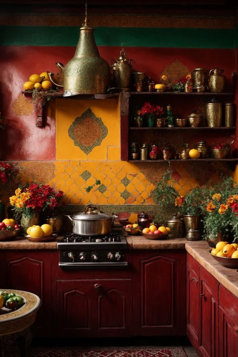 Immerse yourself in the rich tapestry of this Moroccan-inspired kitchen, a culinary haven where traditions and flavors come alive. The warm amber glow against the rustic red walls evokes an atmosphere of sunlit Moroccan markets. Detailed Zellige tiles, in cheerful yellows, adorn the backsplash, setting the backdrop for burnished brass utensils and aromatic spices. Rich mahogany cabinetry and a mosaic of colorful fruits and blossoms create a vivid contrast, making this space not just a kitchen Kitchen Tapestry, Yellow And Terracotta Kitchen, Amber Kitchen, Arab Kitchen, Kitchen Interior Moroccan Style, Yellow And Red Kitchen, Red Kitchen Backsplash, Arabic Kitchen, Purple And Orange Kitchen