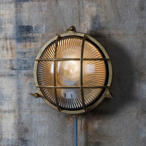 Devonport Brass Round Bulk Head Light Bulkhead Wall Light, Coastal Exterior, Garden Trading, Types Of Ceilings, Nautical Inspiration, Bulkhead Light, Light Garden, Brass Patina, Brass Wall Light