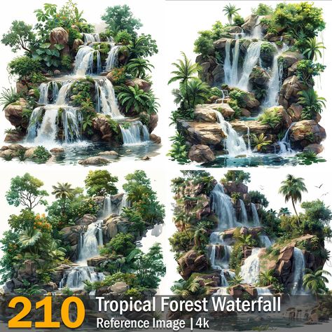 Tropical Forest Waterfall | Reference Images | 4k,  on ArtStation at https://www.artstation.com/artwork/PXlADn Waterfall Reference, Tropical Bushes, Isometric Tree, Forest And Beach, Lake And Forest, Stone Waterfall, Beach Trees, Tropical Waterfall, Tropical Environment