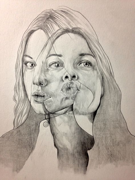 Overlapping Art Drawings, Overlap Drawing, Merged Faces, Overlapping Drawing, Experimental Portraiture, Overlapping Art, Distortion Art, Self Portrait Drawing, Art Alevel