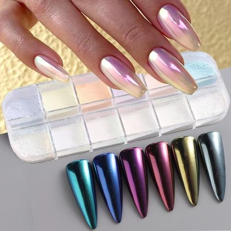 PRICES MAY VARY. What You Will Get: The package of pearl powder include 12 grids pearlescent nail rubbing dust. Pearl aurora nail powder can be applied on different color gel, let your pure color manicure sparkle, not monotonous. High-Quality Materials: Pearl nail powder is made of ultra fine resin powder. So the gloss is very translucent and you can feel its fineness. And the nail powder pigment has great chrome, holographic and pearlescent effect. High-quality material also make a long-lasting White Chrome Nails With Glitter, Rainbow Chrome Nails, Nail Metallic, Manicure Sparkle, Nail Chrome Powder, Nail Chrome, Color Manicure, White Chrome Nails, Pearl Nail