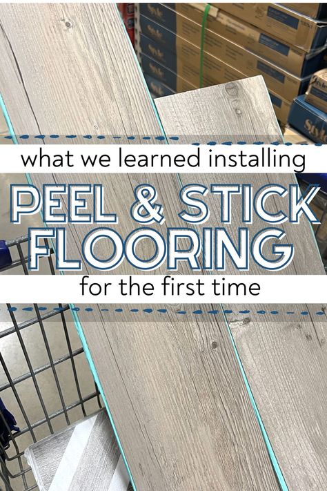 Peel and stick flooring in cart with text overlay what we learned installing peel and stick flooring for the first time. Budget Flooring Ideas, Diy Vinyl Flooring, Peel And Stick Flooring, Peel And Stick Vinyl Flooring, Concrete Floors Diy, Flooring On Walls, Easy Flooring, Peel And Stick Floor Tile, Camper Flooring