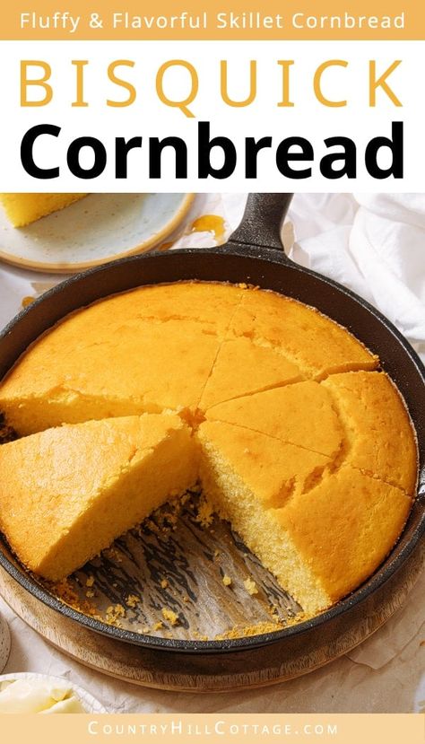 With crispy, buttery edges and a fluffy, moist center, Bisquick cornbread is so soft and flavorful! It’s the perfect side to chilis, soups, and stews. The easy cornbread recipe can be baked in a cast iron skillet or a baking pan. It has crispy edges, a soft inside, savory with a touch of sweetness and a moist, cake-like texture and can eb customized with cheese, jalapenos, creamed corn, corned kernels or bacon. The easy side dish is on the table in less than 30 minutes. | CountryHillCottage.com Bisquick Cornbread Recipe, Bisquick Cornbread, Bisquick Mix Recipe, Jiffy Mix Recipes, Buttery Cornbread, Easy Cornbread, Easy Cornbread Recipe, Gluten Free Bisquick, Cornbread Recipes