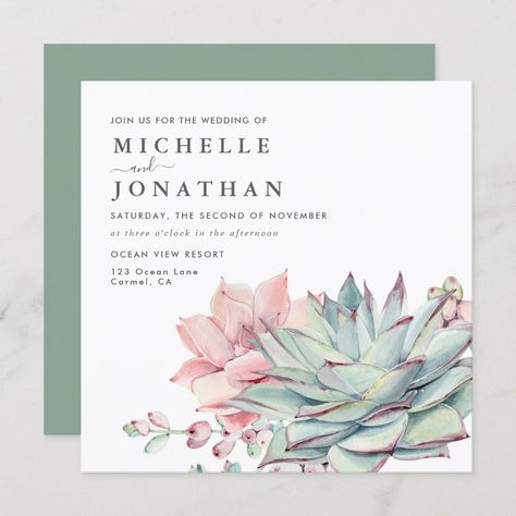 Pink Green Wedding, Online Invitation Card, Square Wedding Invitations, Wedding Anniversary Invitations, Green Wedding Invitations, Succulent Wedding, Southwest Desert, Simple Invitation, Classic Wedding Invitations