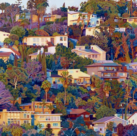 Light Casts a Magical Glow on the Residential Hills of Los Angeles in Paintings by Seth Armstrong | Colossal Tower Of Power, Oil Paint On Wood, Pet Cemetery, Laurel Canyon, Colossal Art, Hyperrealism, Photo Projects, Community Art, Light Art