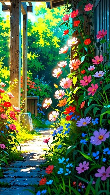 Garden Concept Art, Flower Garden Illustration, Anime Garden, Spring Anime, Colorful Flower Garden, Garden Illustration, Cool Pixel Art, Beautiful Wallpapers Backgrounds, Cool Wallpapers Art