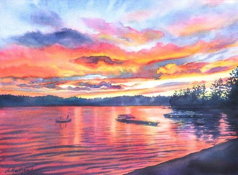 Leslie Lambert Redhead Fine Art: Watercolor of Sunset Over Loon Lake | Lake sunset painting, Lake painting, Watercolour sunset Sky Painting Watercolor, Sunset Painting Watercolor, Paint Sunset, Sunset Over Water, Book Watercolor, Watercolor Scenery, Sky Art Painting, Paint Water, Pastel Sunset