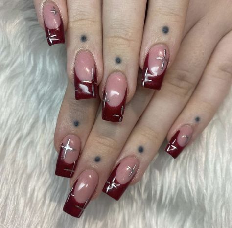 Chrome French Tip Nails With Cross, Black And Red Nails With Cross, French Tip Star Nails Y2k, Y2k Dark Red Nails, Dark Red Nails With Design Y2k, The Claw, Pink Nails, Nail Inspo, Gel Nails