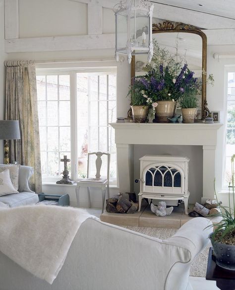 French Country Faux Fireplace, French Cottage Fireplace, Small Fireplace Ideas, Farmhouse Style Fireplace, Fireplace Electric, Fireplaces Layout, Faux Fireplace Mantels, Cottage Fireplace, Style Fireplace