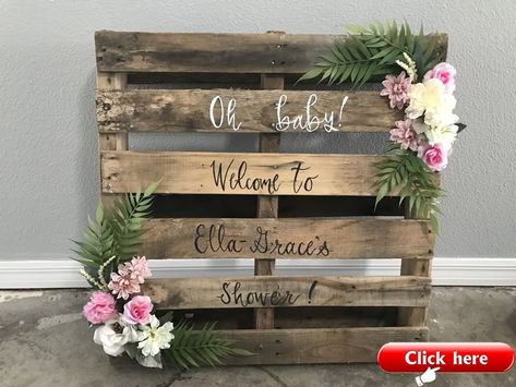 Beautiful rustic pallet we made for our Granddaughters Ella-Grace baby shower Pallet Bridal Shower Decor, Baby Shower Pallet Ideas, Rustic Baby Shower Ideas For Girls Decor, Rustic Baby Shower Ideas Girl, Rustic Baby Girl Shower Ideas, Pallet Baby Shower Decor, Rustic Boy Baby Shower Ideas, Baby Girl Woodland Shower Ideas, Rustic Baby Shower Ideas For Boys