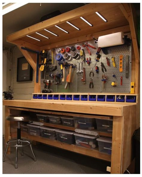 Garage Workbench Plans, Garage Workshop Layout, Garage Storage Inspiration, Building A Workbench, Garage Organisation, Garage Workshop Organization, Workshop Layout, Workbench Plans Diy, Gym Garage