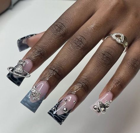 Cute Duck Nails Acrylic Long, Graduation Nails Ideas Short, Short Acrylic Nails Duck, Slim Duck Nails, Nails With A Lot Of Charms, Short Duckie Nails, Duck Nails With Charms, Duck Nails Acrylic Short, Duckie Nails