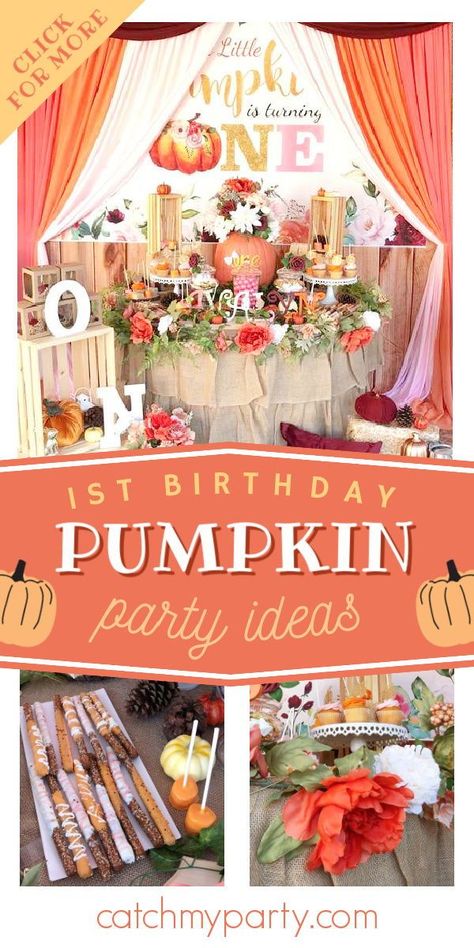 Don't miss this sweet pumpkin 1st birthday party! The dessert table is so impressive! See more party ideas and share yours at CatchMyParty.com Fall 1st Birthday Food Ideas, Our Lil Pumpkin Is Turning One, One Year Old Pumpkin Birthday Party, Pumpkin Spice Birthday Party, Fall Girl Birthday Party Ideas, One Sweet Pumpkin Birthday, Fall One Year Birthday Party Girl, 1st Birthday Pumpkin Theme Girl, November 1st Birthday Girl