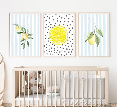 lemons, black polka dot, blue stripe, vintage fun lemon themed baby girl nursery or bedroom decor, 11x14, customizable Lemon Nursery Theme Girl, Lemon Nursery Theme, Yellow And Blue Nursery, Blue And Yellow Nursery, Lemon Nursery, Yellow Nursery Walls, Stripe Wall, Girl Nursery Themes, Baby Nursery Art