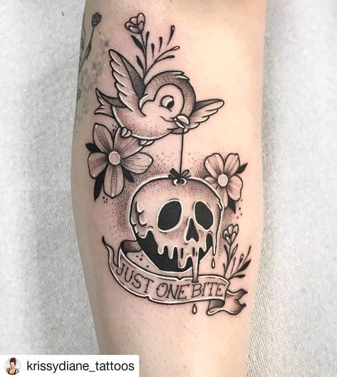 Disney Thigh Tattoo, Lagoon Tattoo, Snow White Tattoos, Dark Disney Tattoo, Matching Tattoos For Couples, Disney Inspired Tattoos, Snow White Poison Apple, Couple Tattoo Ideas, Mickey Tattoo