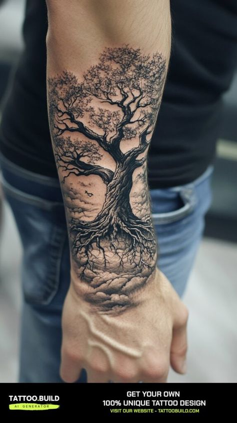 Word Tree Tattoo, Trees And Ocean Tattoo, Tree Of Life Tattoo With Flowers, Life Tree Tattoo Men, Tree Of Life With Clock Tattoo, Tree Tattoo Men Back, Back Of Arm Tree Tattoo, Tree Of Life Tattoo Color, Nordic Tree Tattoo