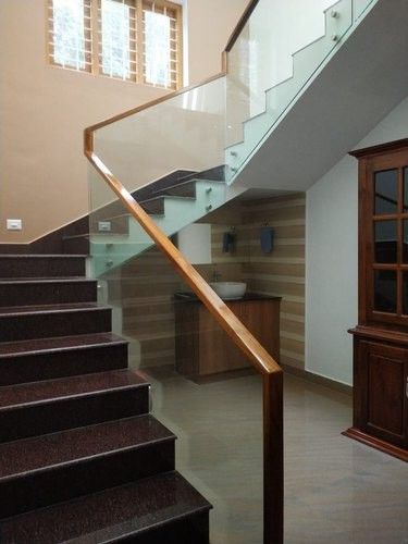 Stair Case Hand Rail Design, Wash Basin Under Staircase, Hand Rails For Stairs Modern, Wooden Skirting, Glass Staircase Railing, Handleless Cabinets, Glass Railing Stairs, Railing Tangga, Green Wall Design