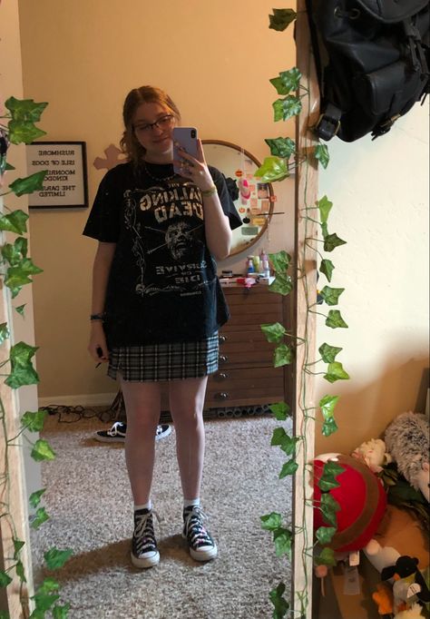 VERY old fit from two years ago😭black oversized walking dead tshirt, blue plaid mini skirt, white socks, black converse Skirt With Oversized Shirt, Blue Plaid Mini Skirt, Mini Skirt White, Black Converse, White Socks, Plaid Mini Skirt, Skirt White, Black Mini Skirt, White Sock