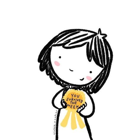 📷 @wonder_doodles ​You've made it to the end of the week! Well done! 💕 ​ ​ ​Image description: Black and white illustration of a person smiling, and holding a yellow rosette up towards us. Written on it, black text says: 'You survived the week'. The artist of this image is @wonder_doodles Well Done Images, Self Love Books, End Of The Week, Artist Quotes, White Illustration, Image Description, Black And White Illustration, Well Done, To The End