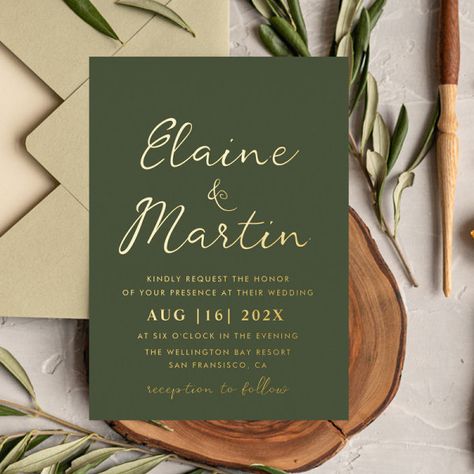 olive green gold script wedding foil invitation #Invitation #card #template #design #pinterestquotes #pinterestideas #pinterestmom #pinterestwedding #aesthetic #love #art #pinterestsuccess Wedding Colors Olive Green And Gold, Bottle Green Wedding Theme, Wedding Invitations Green And Gold, Gold And Olive Green Wedding, Olive Green Wedding Invitations, Olive Green And Champagne Wedding, Wedding Themes Green, Olive Green And Gold Wedding, Olive Green Wedding Theme Color Schemes