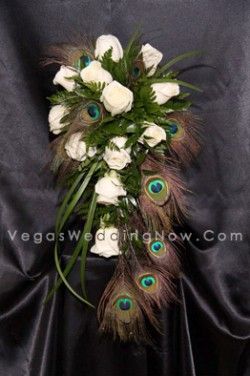 Peacock Feather Bouquet, Twilight Wedding, Feather Bouquet, Dance Decorations, White Roses Wedding, Cascade Bouquet, Blue Wedding Dresses, Peacock Feathers, Bride Bouquets