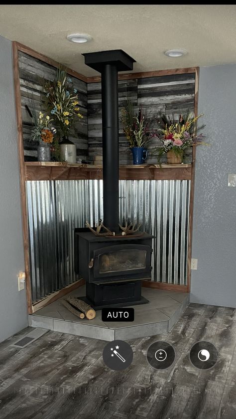 Rustic Gas Fireplace, Stove Decor Ideas, Kitchen Stove Decor, Corigated Metal, Wood Burning Stove Corner, Corner Wood Stove, Wood Stove Surround, Stove Decor, Wood Stove Hearth