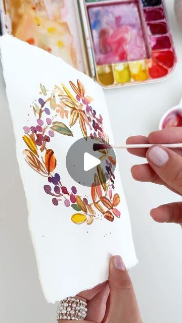 Anna Koliadych on Instagram: "Easy and fun way to paint a fall wreath using the Q-tip technique with watercolor 🍂🍁🥰🎨 #watercolors #watercolor #watercolortutorial #watercolorpainting #artprocess #crafts #diy #watercolorillustration #watercolorillustration #inspiration" Painting Cards, Q Tip Painting, Simple Watercolor, Flower Wreaths, Watercolor Tutorial, Art Teaching, Elements And Principles, Principles Of Art, Q Tip