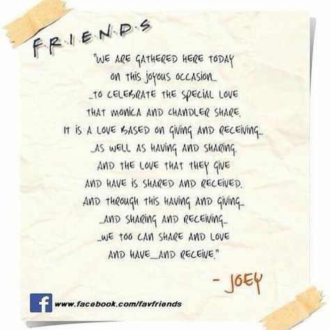 Joey's celebrant speech at Monica and Chandler's wedding: Wedding Speech Quotes, Quotes For Wedding, Wedding Quotes Funny, Show Quotes, Best Wedding Speeches, Friends Tv Quotes, Wedding Speeches, Funny Wedding Cards, Maid Of Honor Speech