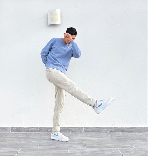 Blue Ootd Men, Pastel Blue Outfit, Blue Ootd, Aesthetic Ootd, Baby Blue Aesthetic, Outfit For Men, Men Stylish Dress, Ootd Men, Men Fashion Casual Outfits