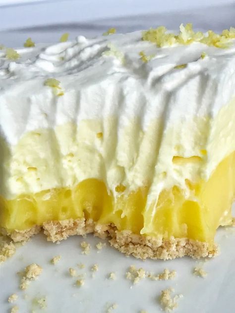 No-Bake Triple Layer Lemon Pudding Pie Lemon Cake With Pudding, Lemon Pudding Pie, Cake With Pudding, Pudding And Cool Whip, No Bake Lemon Pie, Paleo Snack, Pudding Pie, Pudding Pies, Lemon Dessert Recipes