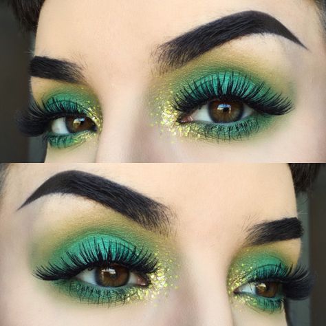 Green Wig Makeup Looks, Green And Gold Eyeliner, Loki Eye Makeup, Green Face Makeup, Dramatic Green Eye Makeup, Dinosaur Makeup Women, Green Make Up Ideas, Luigi Makeup, Green And Gold Makeup Looks