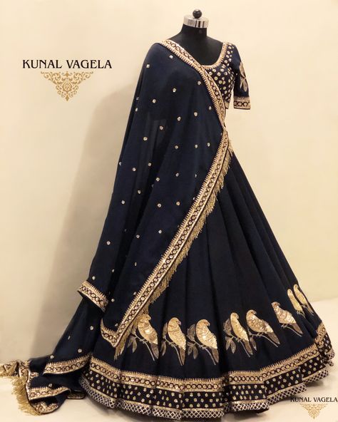 Handcrafted Mugal Parrots Lehenga - For enquiries kindly message / whatsapp / call on +919827652465 or e-mail on kunalvageladesigner@gmail.com.  #bridal #couture #handcraftedinindia  #lehenga #chaniyacholi #weddinglehenga #rawsilk #parrots #handwork #handembroidery  #zardosi #kunalvagela Black Lengha, Gold Bridal Lehenga, Lehenga Blue, Lengha Blouse Designs, Orang India, Zardosi Work, Black Lehenga, Indian Outfits Lehenga, Wedding Lehenga Designs