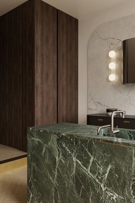 ARD FEAINN :: Behance Green Interior Design Aesthetic, Green Stone Kitchen Island, Green Marble Interior, Green Marble And Walnut, Green Quartz Countertop, Mexico Bathroom, Green Marble Kitchen, Green Onyx Kitchen, Green Kitchen Interior