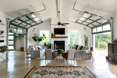 Modern Farmhouse Living Room Decor, Farmhouse Living Room Decor Ideas, Glass Garage Door, Barn Living, Modern Farmhouse Living, Modern Farmhouse Living Room, Barn Style House, Farmhouse Decor Living Room, Metal Building Homes