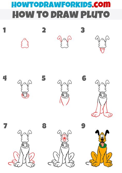 how to draw pluto step by step How To Draw Pluto, Pluto Disney Drawing, How To Draw Disney Characters Step By, How To Draw Stitch Step By Step Easy, Step By Step Character Drawing, Step By Step Drawing Disney, Easy Disney Drawings Step By Step, How To Draw Disney Characters Step By Step, Drawing Ideas Disney Characters