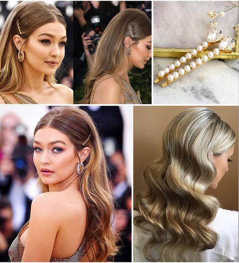 Gatsby Party Hairstyles Long, Great Gatsby Wedding Hair, Old Hollywood Hairstyles With Bangs, Retro Glam Hair, Great Gatsby Party Hairstyles, Hair For Evening Event, 1920 Hair And Makeup, Gatsby Long Hair, Long Hair 1920s Hairstyles