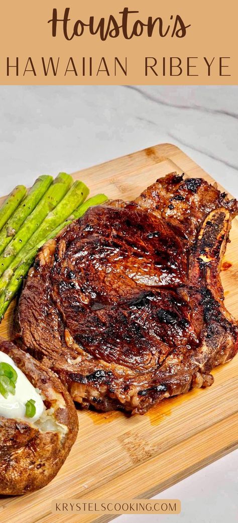 Dive into the mouth-watering world of Houston's Copycat Hawaiian Ribeye Recipe! This marinade-infused, easy to make dinner idea will transport you straight to a tropical paradise.  Say 'aloha' to the juiciest steak of your life! Healthy Ribeye Steak Recipes, Hawaiian Flank Steak, Pineapple Steak Marinade, Hawaiian Ribeye Marinade, Asian Marinade For Steak, Hawaiian Steak Marinade, Hawaiian Beef Recipes, Rib Eye Steak Recipes Grilled, Rib Steak Recipes