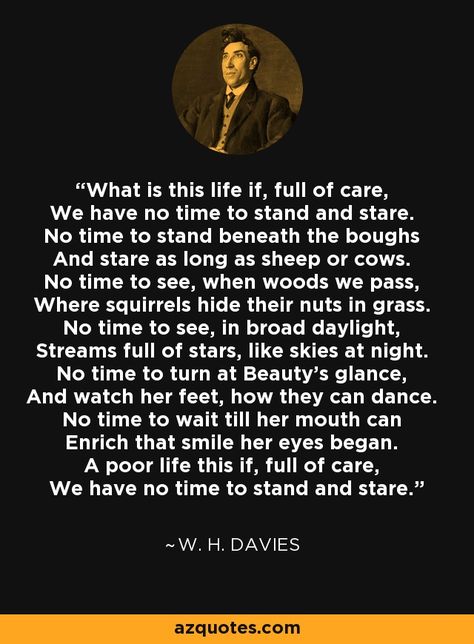 What is this life if, full of care, We have no time to stand and stare. No time to stand beneath the boughs And stare as long as sheep or cows. No time to see, when woods we pass, Where squirrels hide their nuts in grass. No time to see, in broad daylight, Streams full of stars, like skies at night. No time to turn at Beauty's glance, And watch her feet, how they can dance. No time to wait till her mouth can Enrich that smile her eyes began. A poor life this if, full of care...~WH Davies #quote What Is This Life If Full Of Care, How Much Of Human Life Is Lost In Waiting, While We Wait For Life Life Passes, The Train Of Life Poem, Reincarnation Quotes Past Life, Skies At Night, Poor Life, Time Poem, Nature Poetry