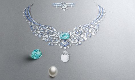 Van Cleef&Arpels Clapotis necklace with diamonds, sapphires a cultured pearl and a 15.73 cts mint tourmaline Vendome Jewelry, Jewel Drawing, Jewelry Rendering, Van Cleef & Arpels, Jewellery Design Sketches, Art Jewelry Design, Jewelry Illustration, Jewelry Design Drawing, Seven Seas