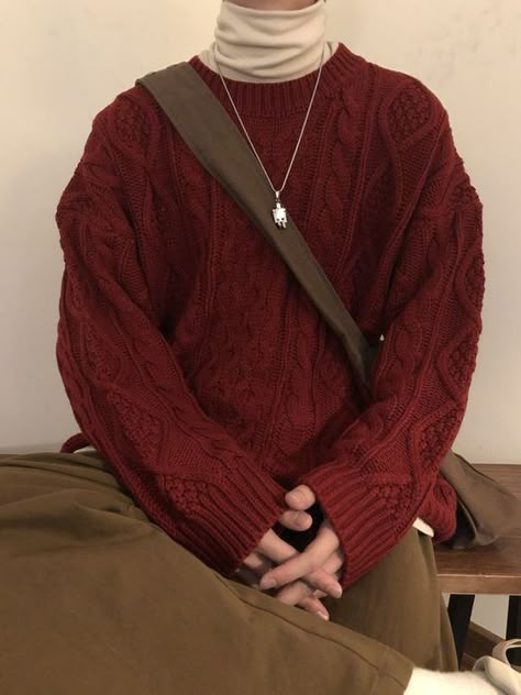 Red Sweater Outfit, Mens Fall Outfits, Sweater Outfits Men, Academia Outfits, Red Sweater, Red Outfit, 가을 패션, Dream Clothes, Look Cool