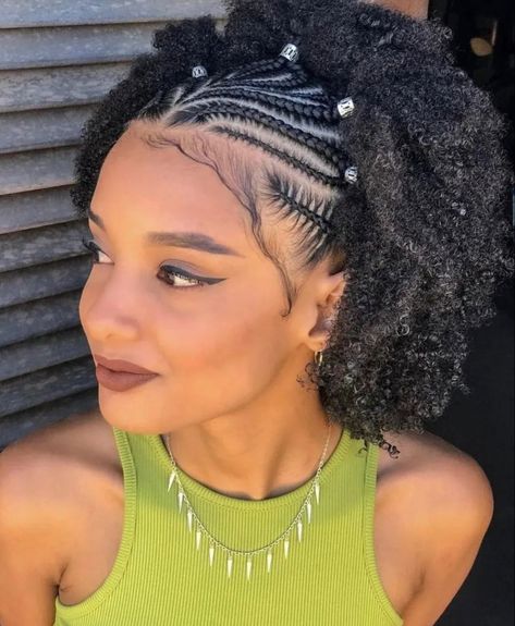 Braids Going To The Back With Curls, Wash And Go With Braids, Half Up Half Down With Cornrows, Cornrows With Curly Hair In Back, Half Cornrows Half Curls, Half Cornrows Natural Hair, Half Cornrows Half Natural Hair, Half Braids Half Curls Natural Hair, Front Cornrows Hairstyles Natural Hair