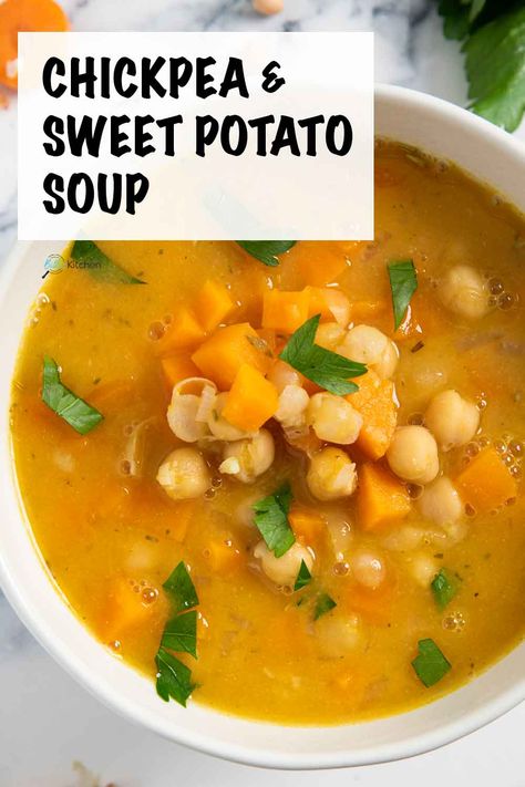 This Chickpea and Sweet Potato Soup is excellent as an appetizer!  A perfect balance of sweet, savory, and with a hint of herb in every bowl ---serve it any time of the year! Sweet Potato Soup Recipes Crockpot, Sweet Potato Chickpea Soup, Potato And Sweet Potato Soup, Sweet Potato Soup Recipes Easy, Chickpea And Sweet Potato, Soup For Babies, Chickpea Sweet Potato, Chickpea And Potato Curry, Chic Peas