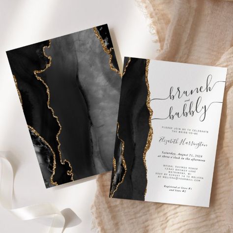 Brunch & Bubbly Black Gold Agate Bridal Shower Invitation Dark Wedding Invitations, Bridal Shower Venues, Wedding Rehearsal Invitations, Marble Invitation Wedding, Rehearsal Invitations, Black And Gold Wedding, Black Gold Wedding, Elegant Modern Wedding, Agate Wedding