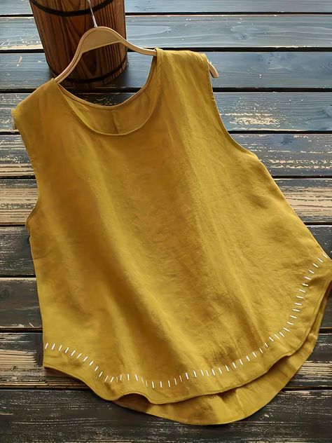 Embroidered Sleeveless Tang Suit Vintage Crew Neck Hem Arc Tang Suit Women's Clothing - - Temu Casual Vest, Summer Tank, Summer Blouses, Embroidery Blouse, Summer Tank Tops, Casual Tank Tops, Boho Stil, Vintage Ladies, Types Of Sleeves