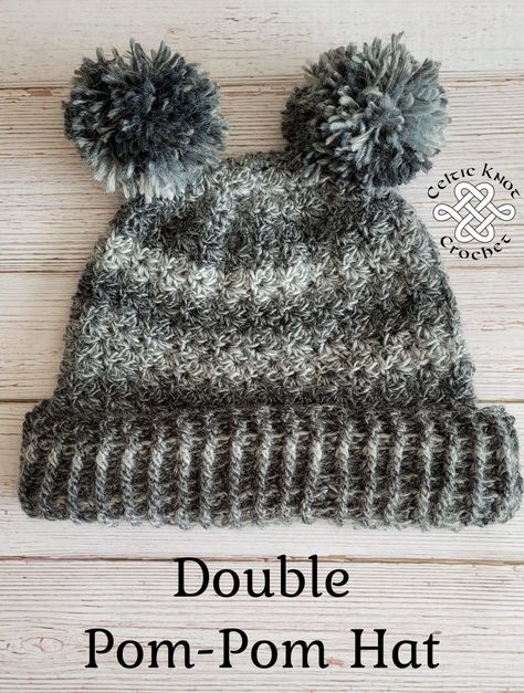 Crochet Hat - Celtic Knot Crochet Crochet Double Pom Pom Hat, Pompom Crochet, Celtic Knot Crochet, Free Crochet Hat Patterns, Free Crochet Hat Pattern, Messy Bun Hat Pattern, Clover Pom Pom Maker, Crochet Hot Pads, Easy Crochet Hat