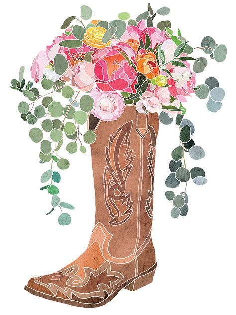 We print Floral Cowgirl by Roguish Designs on a bright white canvas using a printing process that covers the entirety of the canvas to ensure the most accurate depiction of the artist’s original work. Expert crafters strive to make each canvas art print the unique masterpiece your home deserves. Our framed wall art is hand-crafted and made to order to give a high quality and professional appearance. Each canvas print has preinstalled D-rings attached to the back of the product to make hanging yo Cowgirl Boots With Flowers In Them, Western Flowers Wallpaper, Coastal Cowgirl Pictures, Country Wall Prints, Western Digital Art, Western Wall Prints, Pictures For Collage, Aesthetic Prints For Wall, Cowgirl Boots Painting