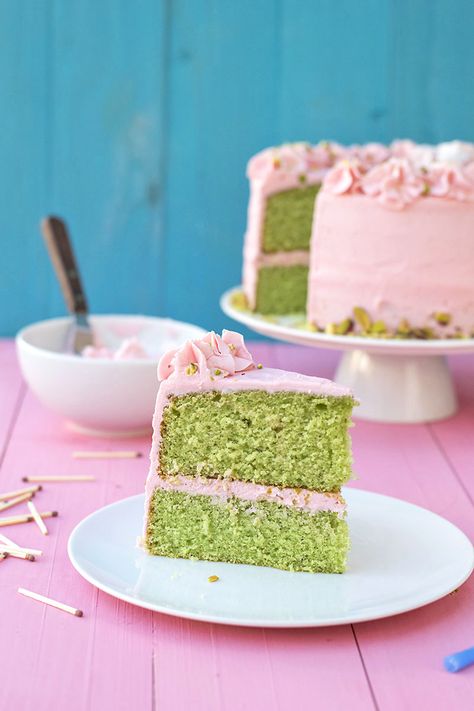 This fluffy pistachio layer cake is filled and frosted with rosewater buttercream for a unique birthday dessert. Pistachio Frosting, Cake With Pistachio, Cake Buttercream Frosting, Pistachio Cake Recipe, Cake Buttercream, Pistachio Cake, Birthday Desserts, Piece Of Cake, Savoury Cake