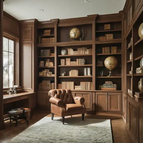 McGee features a built-in shelving Long Built In Shelves, Wood Stained Built Ins, Dark Wood Built In Bookshelves, Wood Built In Bookshelves, Dark Wood Built Ins, Library Built Ins, Elegant Bookshelves, Wood Built Ins, British Style Home