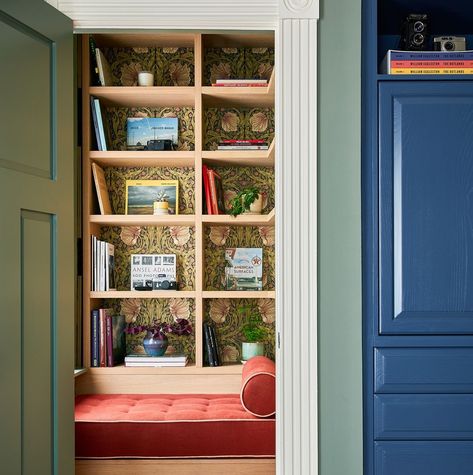 a closet with a door and books on the shelves Sage Green Paint Color, Sage Green Paint, Custom Wood Doors, Popular Paint Colors, Closet Renovation, Closet Remodel, Green Paint Colors, All White Kitchen, Modern Victorian