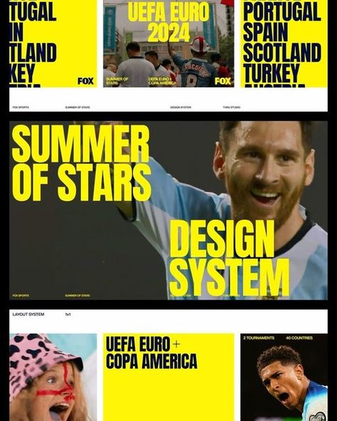 THRU on Instagram: "Design system for FOX SPORTS’ Summer of Stars broadcasting. At the core of the identity is the Star System, featuring typographic compositions that display the campaign’s theme. The flexible design also incorporates soccer-inspired stripes, allowing for variation while maintaining brand consistency. Customizable templates were developed to help the team adapt content across  formats. · Creative Direction: THRU Visual Identity / Design System: THRU + @davidrinman  Motion System: THRU Templates: THRU 3D Rendering: @teteerck  · #thru #thrustudio #thrumotion #designthrumotion #motiondesign #FOX #FOXsports #FS1 #soccer #uefaeuro2024 #copaamerica2024" Sports Campaign Design, Brand Exploration, Channel Branding, Brand Consistency, Sports Channel, Visual Identity Design, Star System, Fox Sports, Flexible Design